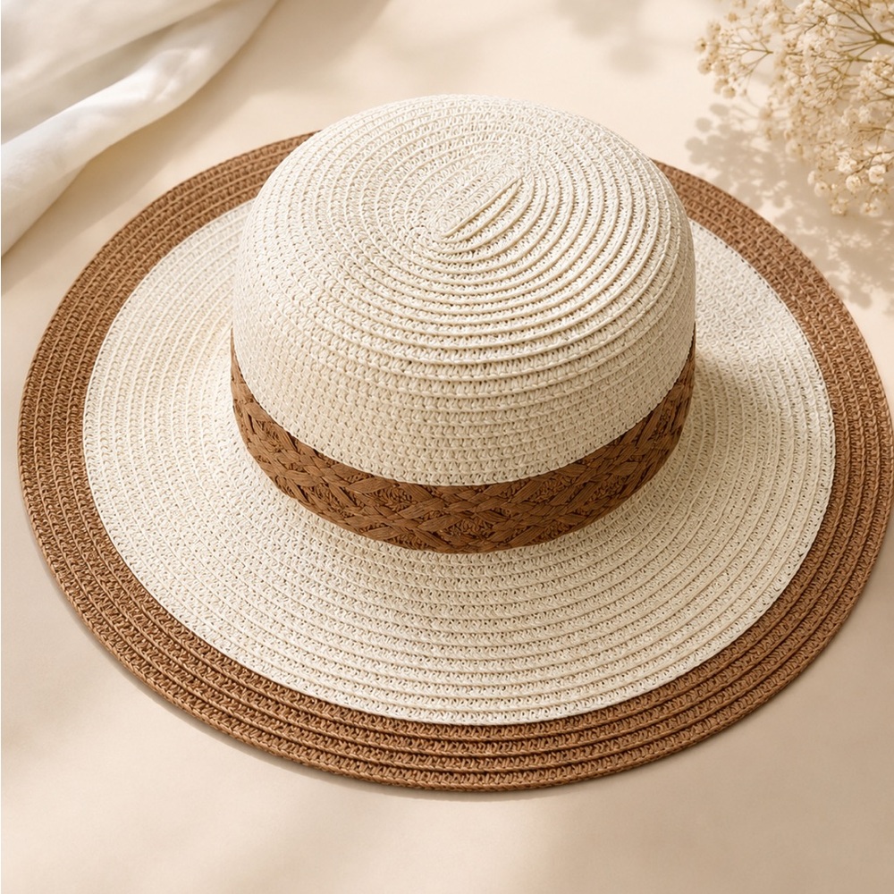 Wide Brim Straw Sun Hat with Brown Band - Women's Accessory